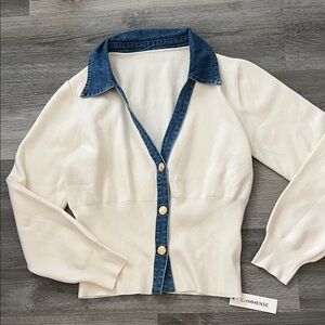 Commense Cream Cardigan with Denim Accents
